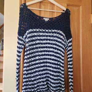 Lucky Brand Navy and White Striped Open-Knit Scoop Neck Sweater